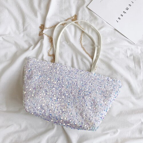 Paillettes sac d'aisselles été en cuir PU sacs à main dame Totes sac à bandoulière voyage chaîne Bling sac à bandoulière: Big White