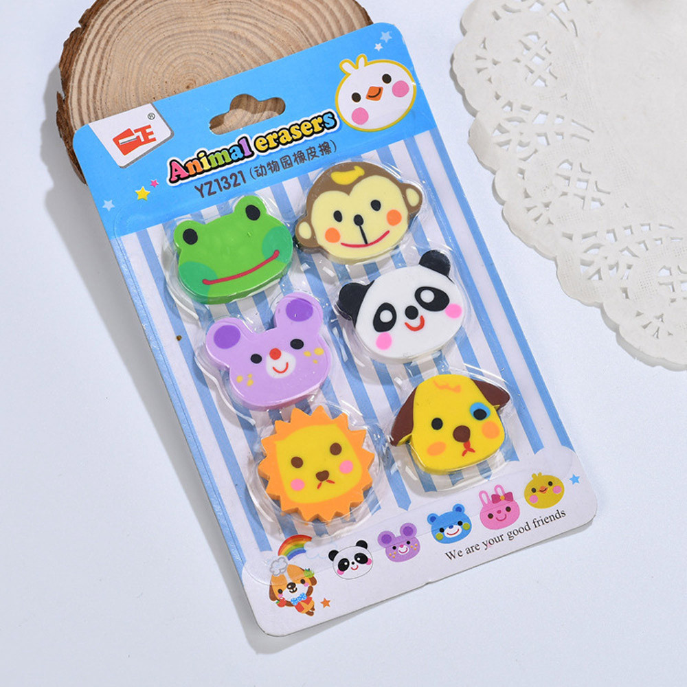 6 Pcs Cute Mini Animal Rubber Pencil Eraser Set Stationery Kids Children Pencil correction Art School /c