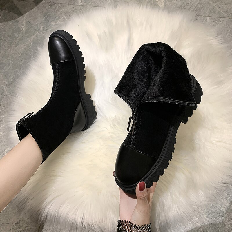 Botas negras de tacón cuadrado para mujer, zapatos cálidos de felpa con cremallera, para invierno,