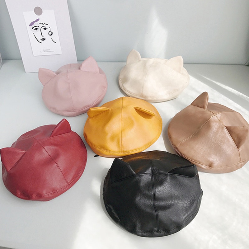 ¡Novedad de ! boina bonita femenina de lana con orejas de gato de cuero PU, gorro de pintor a la adecuado para chica dulce BLM32