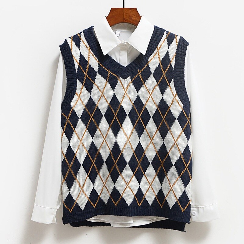 Muyogrt Vintage Argyle Sweater Vest Casual Tank Tops Pullover Elasticity Sweater Autumn Women Sleeveless V-Neck Knitted Vest: Navy Blue / M