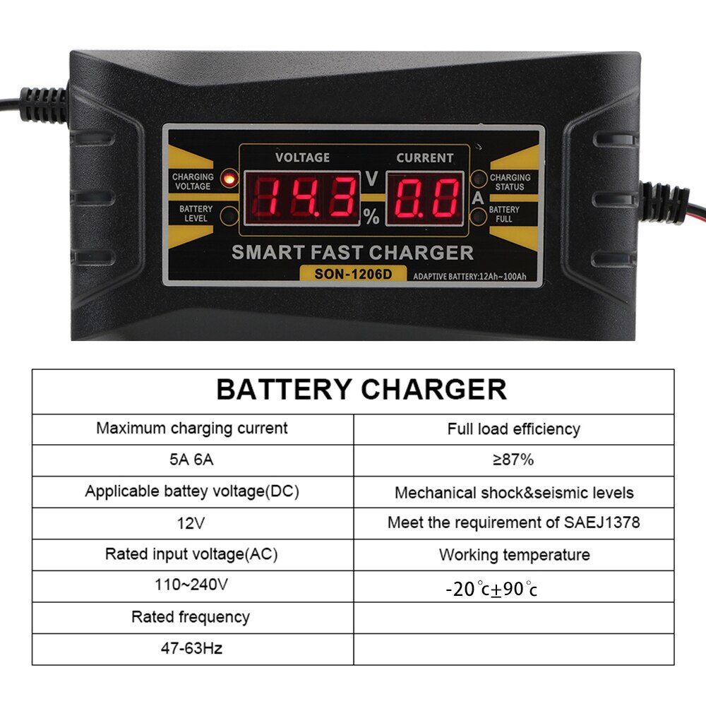 Smart Fast Power Charging Full Automatic Car Battery Charger LCD Display US EU Plug 12V 6A Lead Acid Battery-chargers 150V-250V