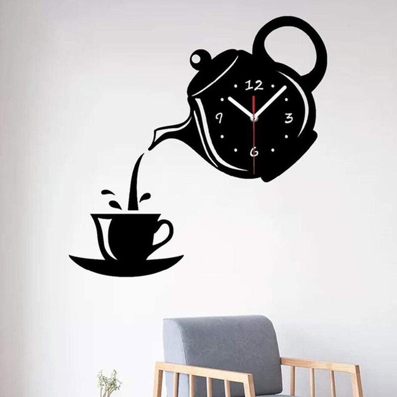 Teapot Kettle Wall Clock 3D Acrylic Coffee Tea Cup Wall Clocks for Office Home Kitchen Dining Living Room Decorations