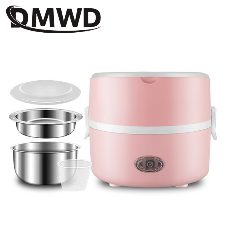 DMWD Mini Electric Rice Cooker Stainless Steel 2/3 Layers Steamer Portable Meal Thermal Heating Lunch Box Food Container Warmer: Pink two layers