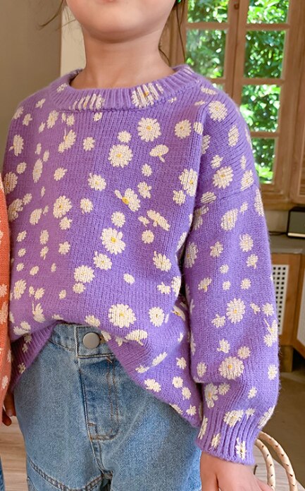 Herfst Winter Kinderen Mode Daisy Drukte Lange Mouw Truien Jongens Meisje Warm 4 Kleuren Gebreide Trui: Paars / 6T