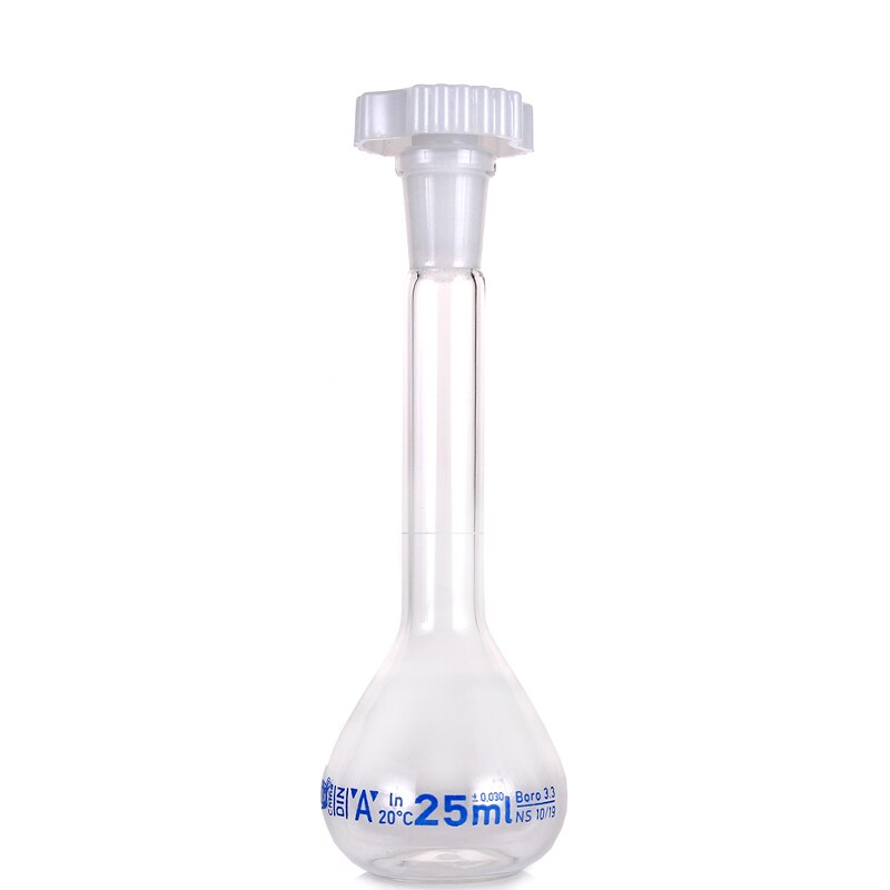 Frasco volumétrico de vidrio borosilicato transparente de laboratorio de 25ml con tapón de plástico suministro de cristalería transparente para laboratorio de oficina