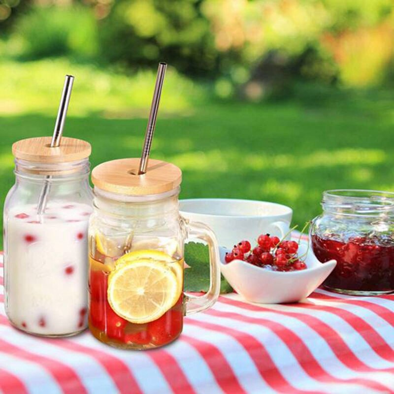 4Pcs Bamboo Mason Jar Lids with Straw Hole Reusable Wooden Caps Lids and Seal for Canning Drinking Glasses Storage Jars