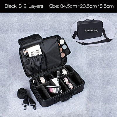 Women Brand Cosmetic Bag Travel Makeup Organizer Make Up Box Cosmetics Pouch Bags Beauty Case For Makeup Artist: Black  S  2   Layers