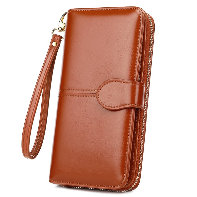 VICUNA POLO Brand Waxy Oil Leather Card Holder Wallet For Women Large Capacity Travel Ladies Wallet Clutch Wristlet Wallets: Brown