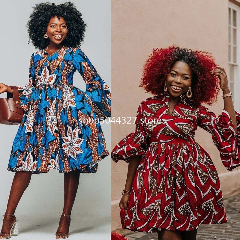 Dashiki-vestidos africanos con estampado para mujer, vestido de Ankara con manga con volantes, trajes de para mujer, ropa europea, bata Boubou