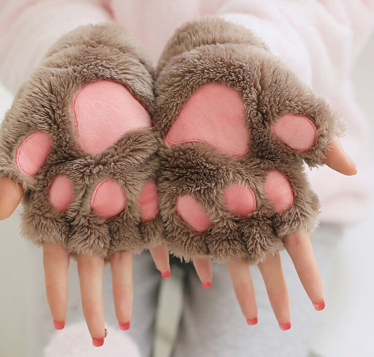 Cat Claw Gloves Winter Cute Cartoon Cat Girl Naked Gloves Thicker Fluffy Bear's Paw Half Finger Gloves