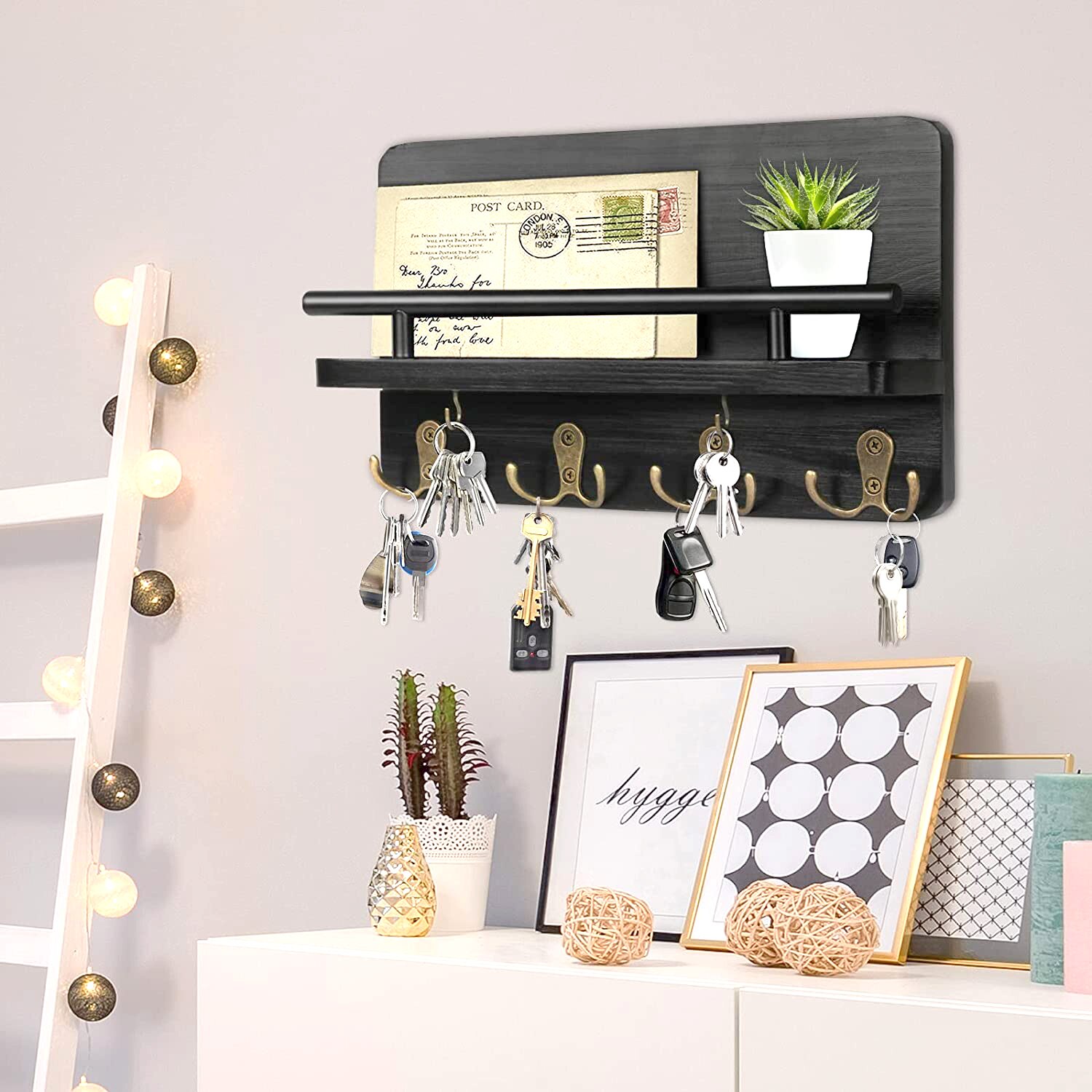 Key Holder Wall Mounted Mail Holder with 10 Hooks and 2 Wooden DIY Keychains Wooden Decorative Key Hanging Rack Mail