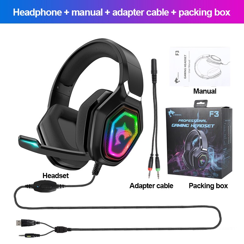 Noise reduction Headset Gamer With HD Microphone RGB Light 7.1 Surround sound USB+3.5MM Plug Wired headset For laptop/PS4/xbox: F3 With Box