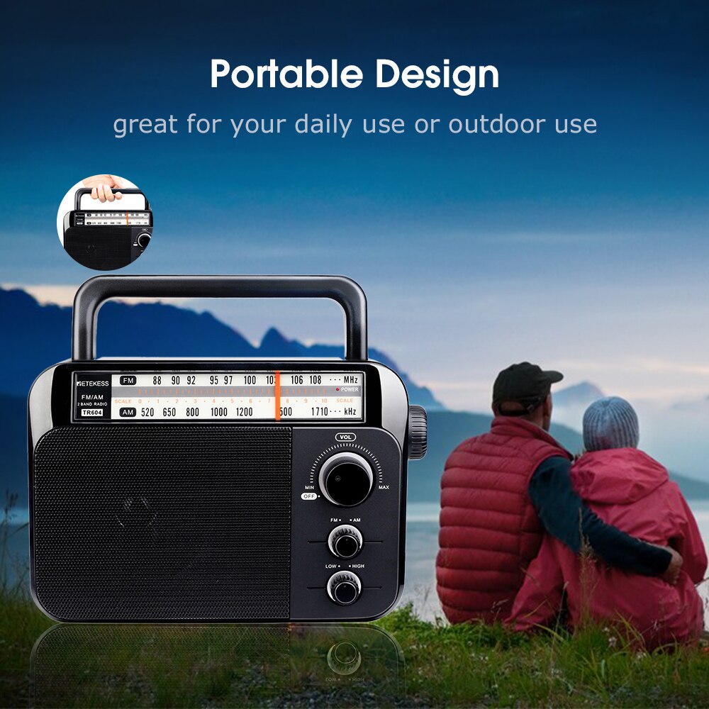 Retekess sono/FM Radio per gli Anziani Radio A dovuto Bande Portatile Radio Maniglia Batteria e AC alimentato Nero # xj30