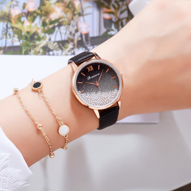 Scroll diamant dames casual leren dameshorloge quartz polshorloge sterrenhemel damesklok reloj mujer relogio feminino