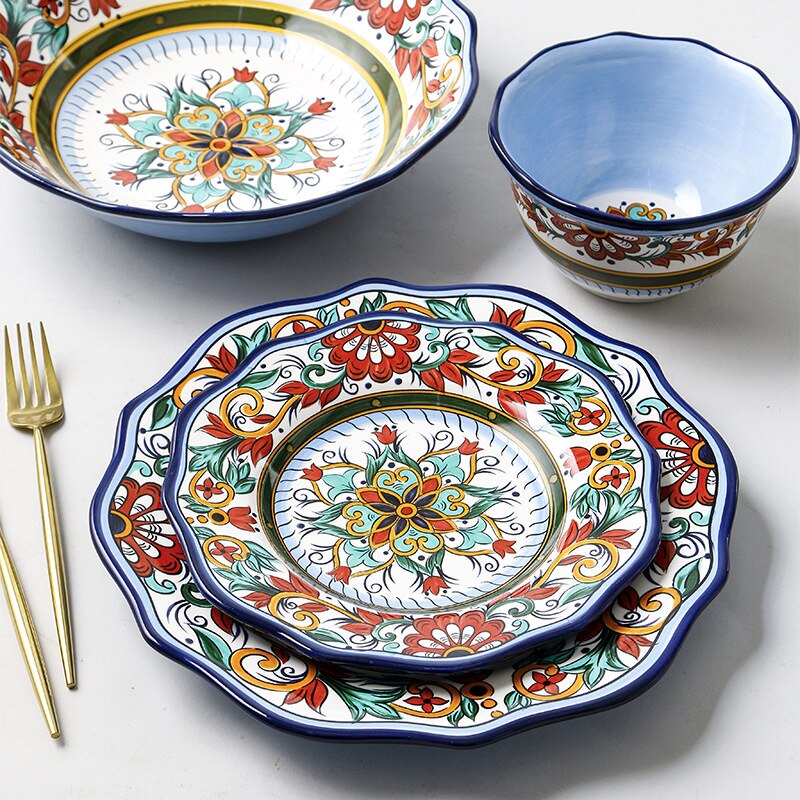 European Style Ceramic Retro Dinner Plates Square Western Food Steak Dishes For Serving Rice Soup Bowl Hand-painted Tableware