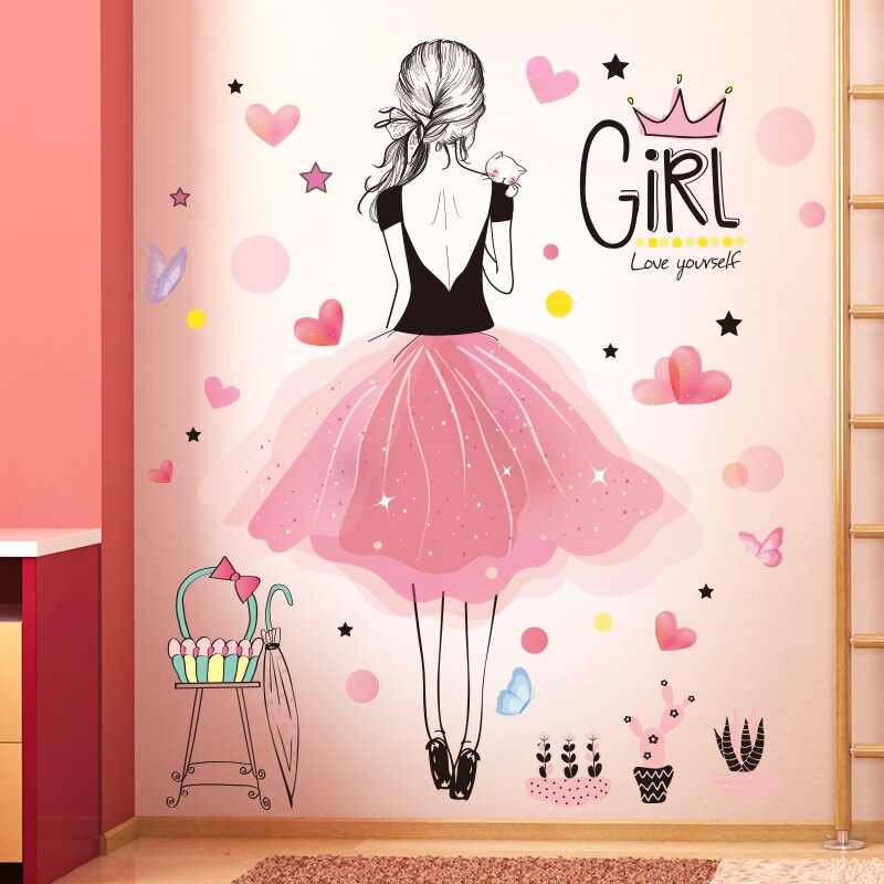 Pegatinas de pared de niña de dibujos animados, calcomanías de Mural de bicicleta de flores de melocotón DIY para habitaciones de niños, dormitorio de bebé, guardería, decoración del hogar
