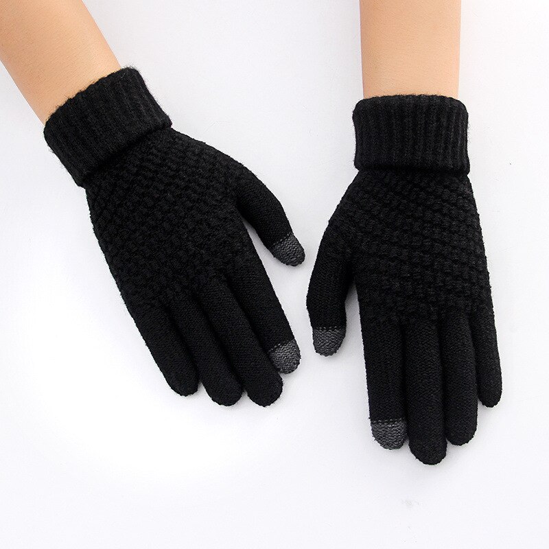 Vinter tykke berøringsskærmshandsker kvinder varm strik strik vanter efterligning uld fuld finger guantes kvindelig hækling: Sort