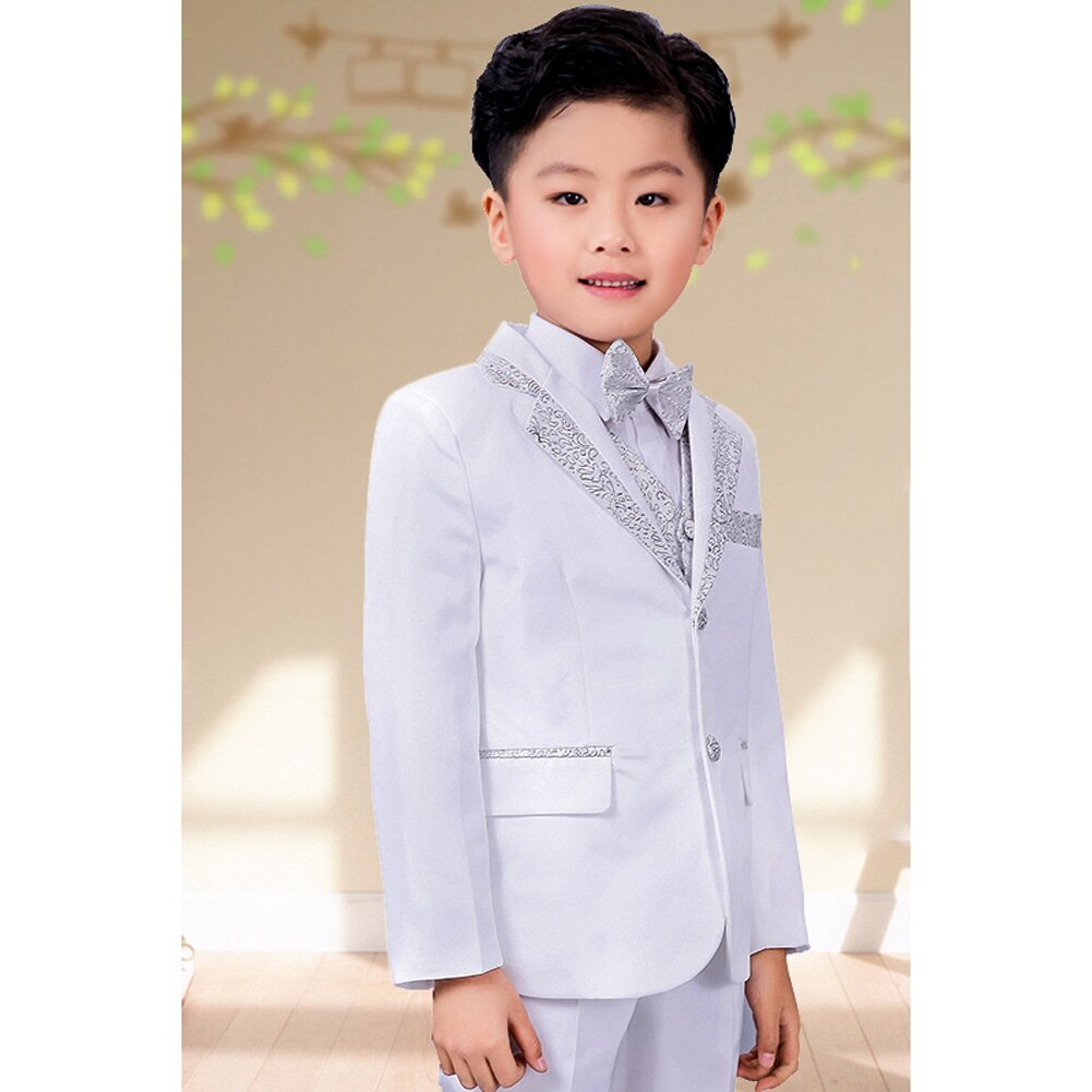 Lolanta 4Pcs Toddler Boys Tuxedo Suit White Silver Formal Attire Set Birthday Wedding Party Outfit for Kids Piano Performance