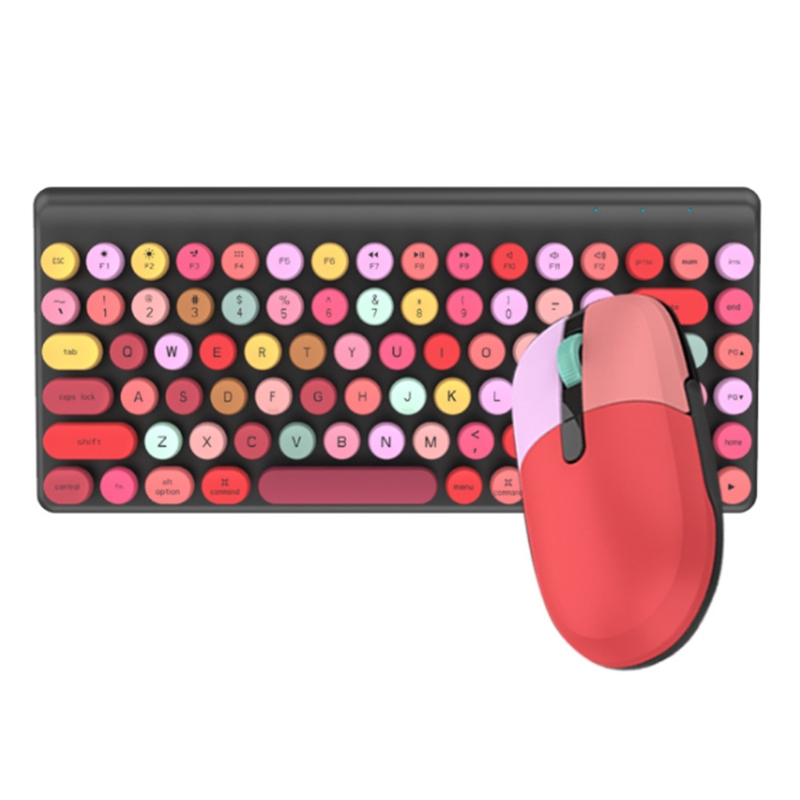 Keyboard and Mouse Combo 2.4G Wireless Round Punk Cute Candy Colors Keyboard and Optical Mouse Set Home Office: Red