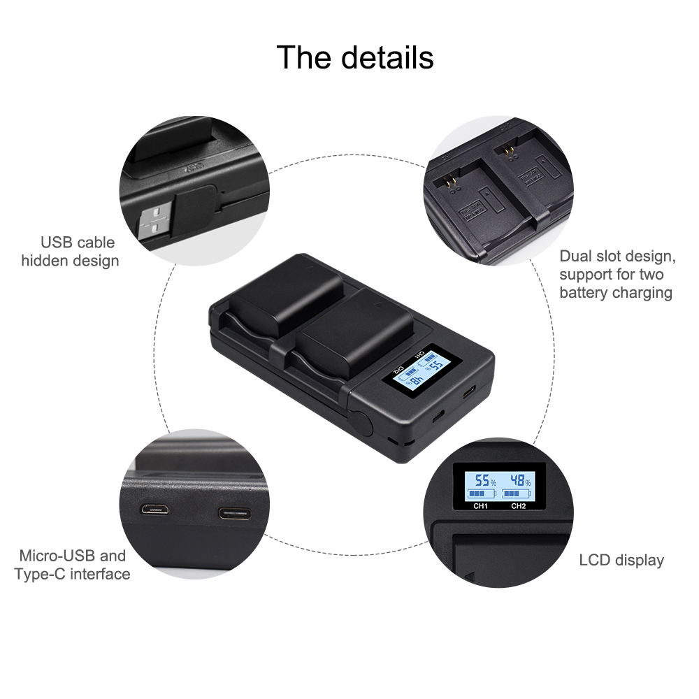 PALO NP-FW50 Display LCD Ricaricabile Li-Ion Battery Charger 2-Slot con Cavo USB per Sony Alpha A7 A7R A7S a5000 A6000 ect