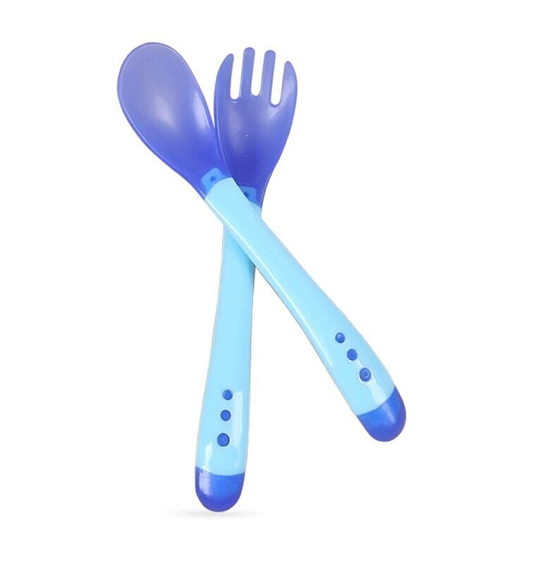 Cuenco de alimentación para bebé, juego de tazón con ventosa, cuchara con detección de temperatura, vajilla para bebé, platos de aprendizaje, tazón de comida para niños: Blue Spoon 2PC