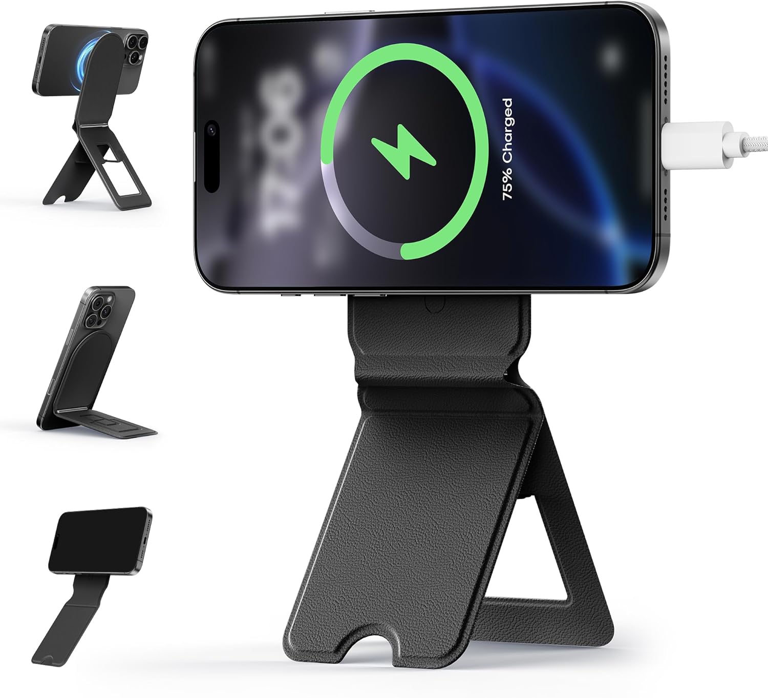 Hopfällbar telefonhållare, fickstativ för mobiltelefon, magnetiskt skrivbordsstativ för smartphone, vloggpinne i veganskt läder för iphone: Svart