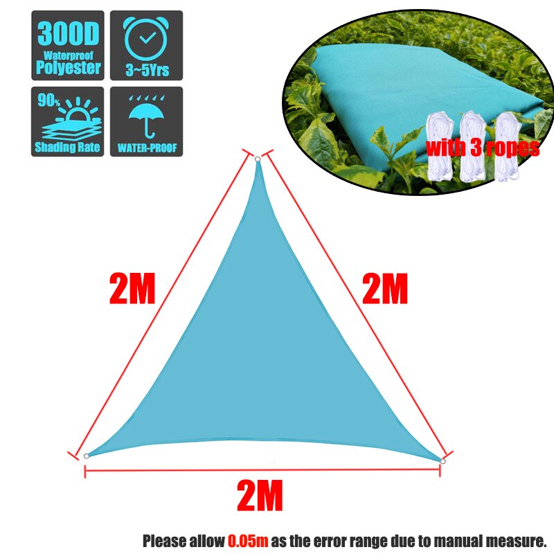 300D 8 sizes Regular Triangle Shade Sail Waterproof Polyester awning Sky blue Sun Outdoor Sun Shelter garden Camping Canopy shed: 2x2x2m