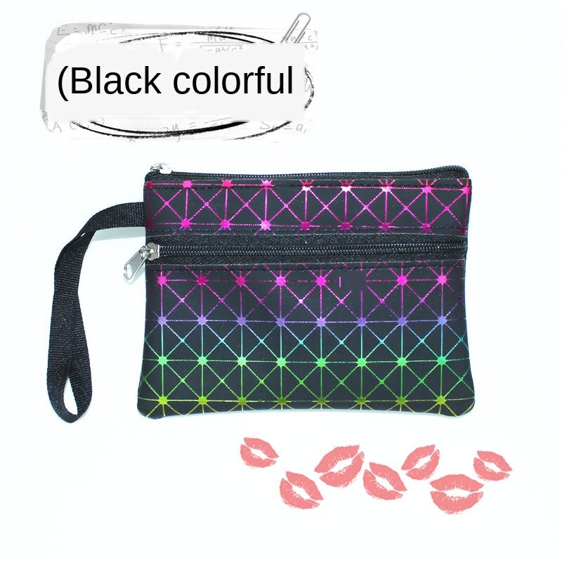 Dubbele laag dames portemonnee medium magische pu meisjes dubbele trek portemonnee kleine pols tas kaarthouders: Zwart kleurrijk