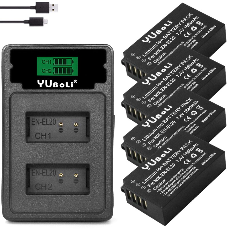 Batería EN-EL20 EN EL20a + cargador USB LED para Nikon Coolpix P1000 Nikon1 J1, J2, J3 Nikon1 AW1 ENEL20: charger and 4battery