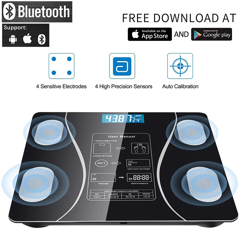Electronic Scale Bluetooth Smart Weight Scale Human Health Analyzer High Strength Tempered Glass Kitchen Scale Bathroom Scale