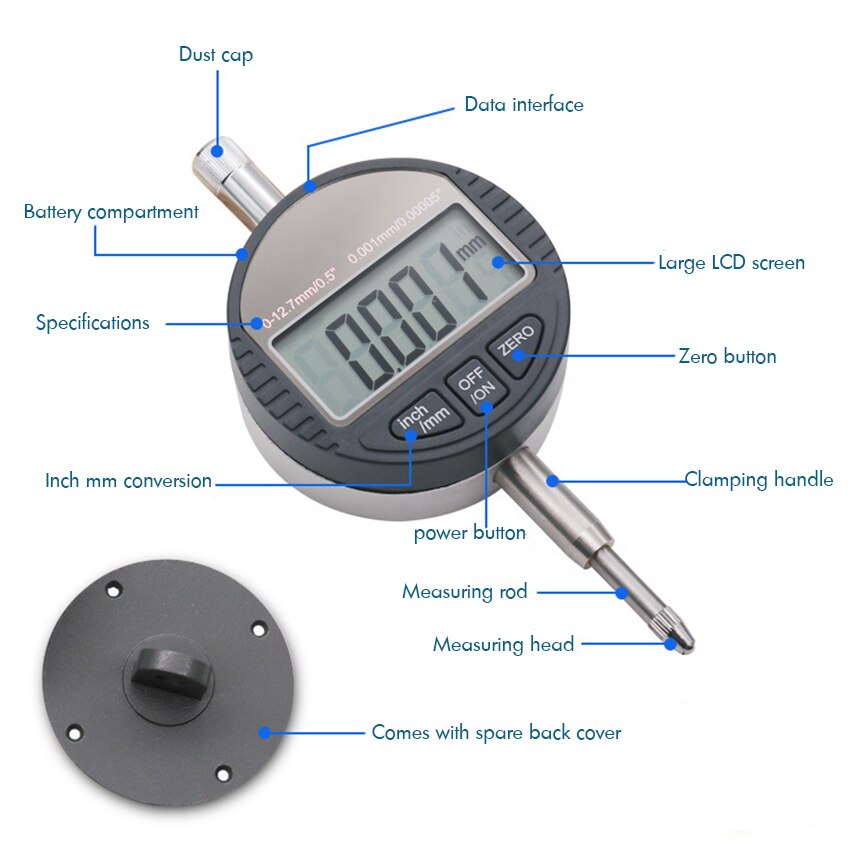 0-12.7mm Electronic Digital Dial Indicator Gauge Inch/Metric Conversion, Resolution: 0.001mm / 0.01mm Digital Probe Indicator