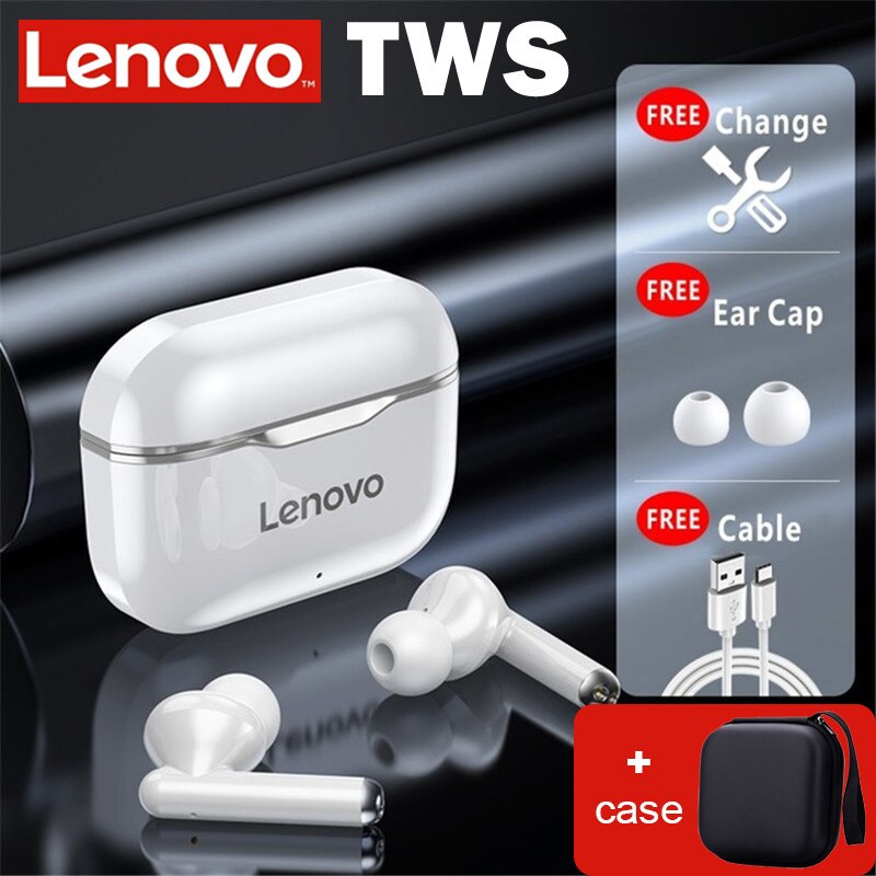 Lenovo LP1 TWS Earphone Bluetooth 5.0 Wireless Headset Waterproof Sport Earbud Noise Cancelling Headphones Dual Stereo HIFI Bass: grey with case