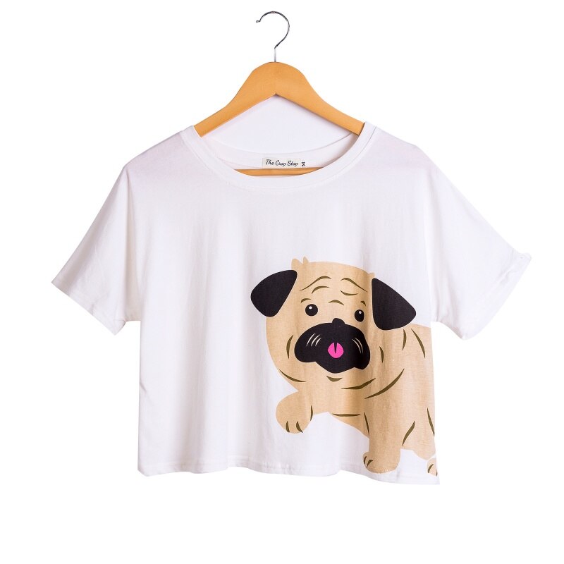 Cute Sleep Top T shirt Women Pug Print Crop Top Short Sleeve Loose S-XXL Cotton T shirt Pajamas Women Clothing pyjamas T6825: S