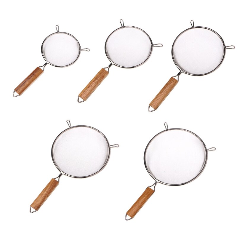 Stainless Steel Double Mesh Strainer Colander Sieve Sifter Wooden Handle 5 Siz For kitchen