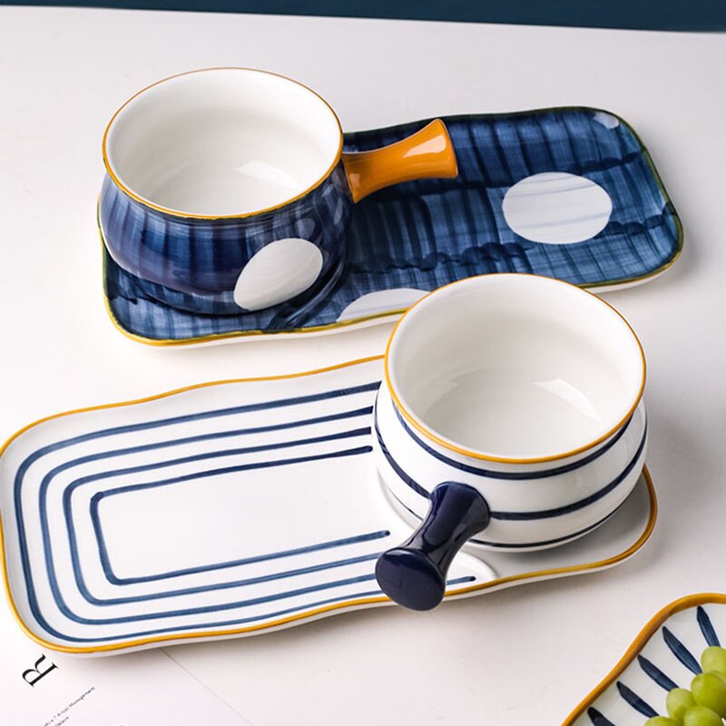 Japanse Ontbijt Keramische Servies Huishouden Serveren Gerechten Desserts Kommen Met Handgrepen Bone China Servies Diner Tafel Set