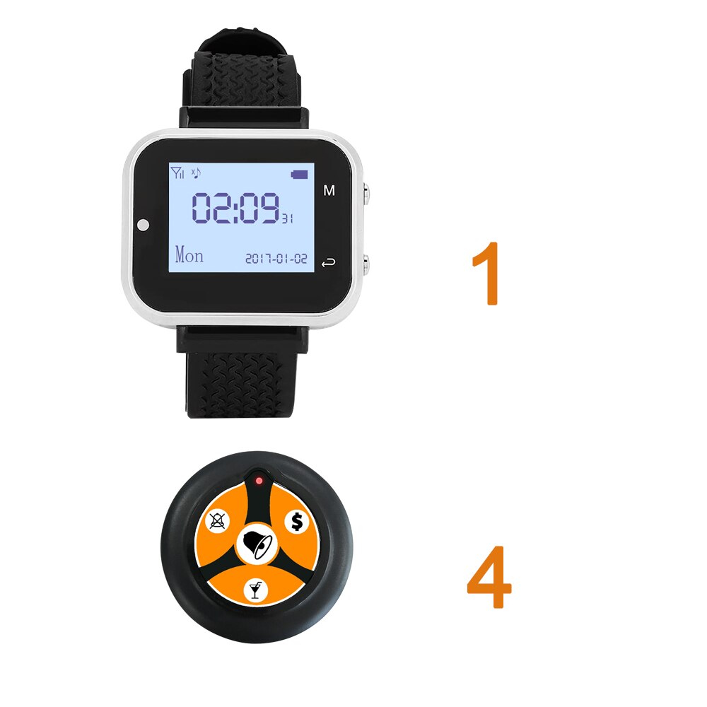 Sistema de llamada inalámbrica para camarero, 1 reloj RECEPTOR + 4 botones superfinos de 4 teclas, transmisor de frecuencia 433,92 para servicio de restaurante: USD / UK