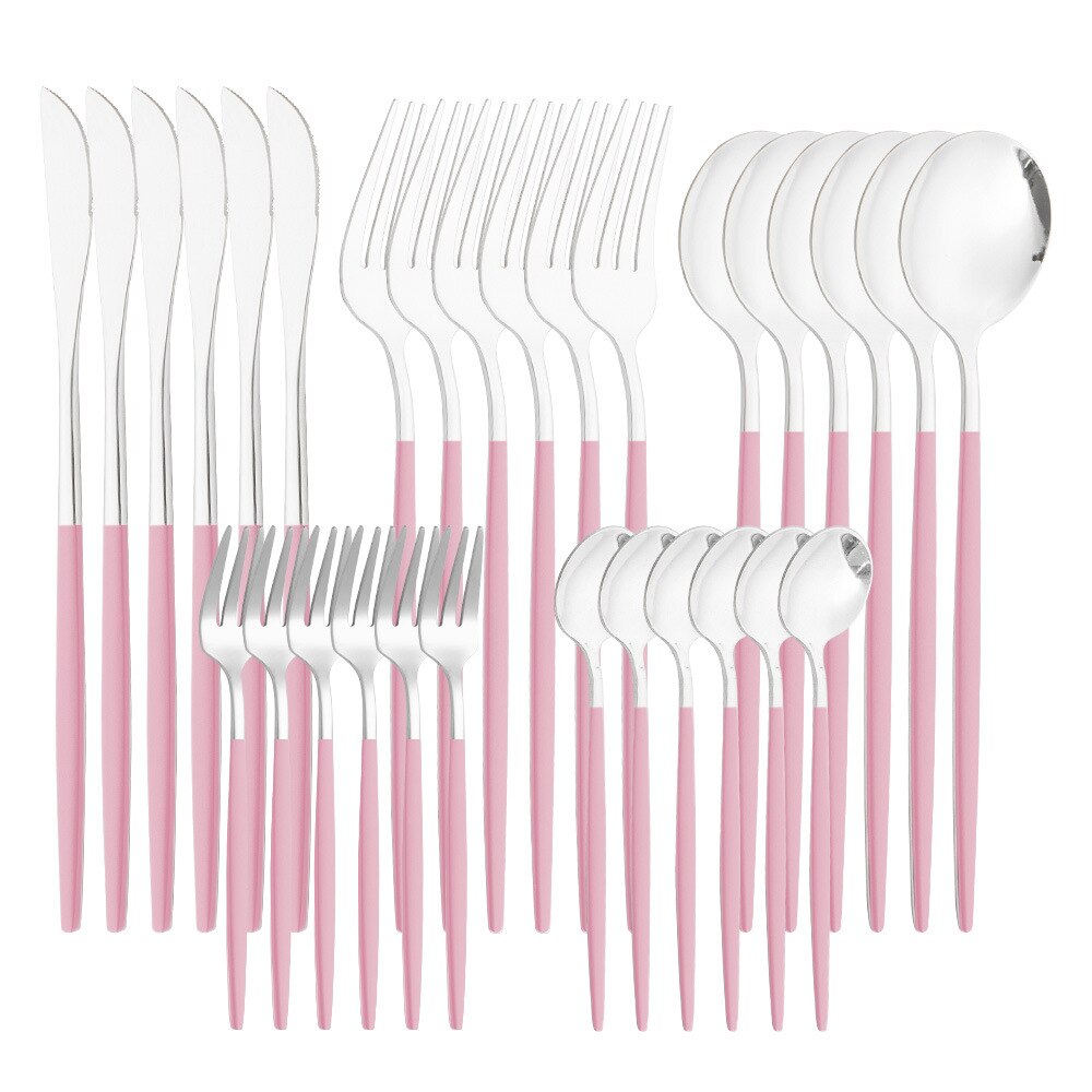 Lidafish 30 sztuk ze stalowa zastawa stołowa zestaw kuchnia luksusowe obiadowy zestaw noży widelec łyżka sztućce obiadowe zestaw: 30pcs-Pink silver