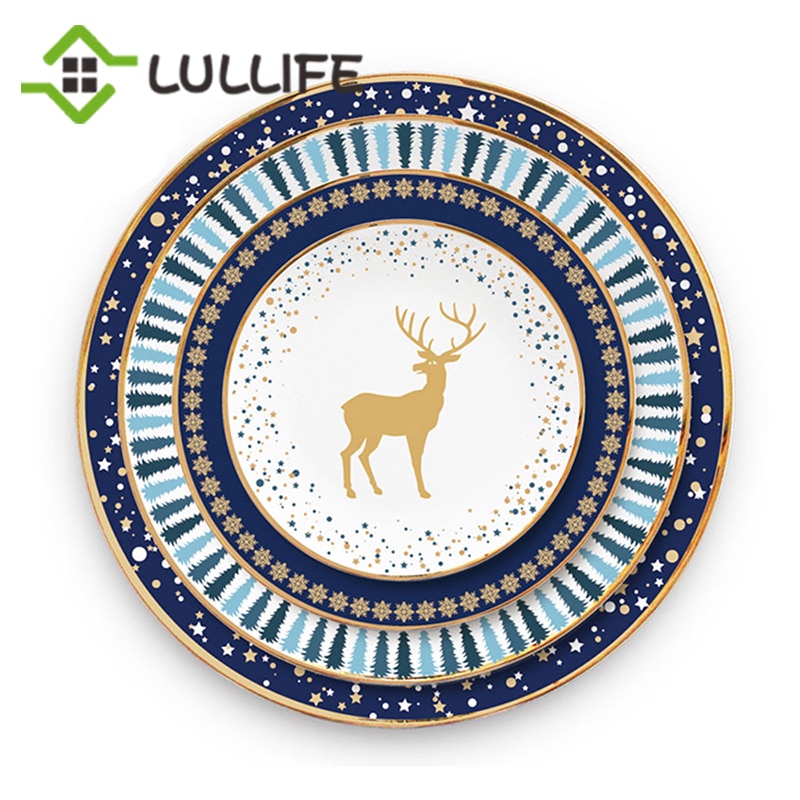 Christmas Decoration Dinner Plates China Bone Round Plates Elk Christmas Tree Dishes and Plates Dinnerware Kitchen Supplies