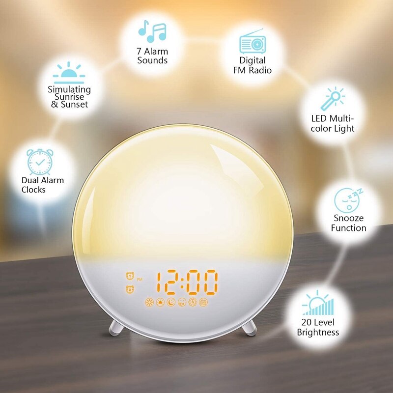 Sonnenaufgang Wecker aufwachen hoch Licht 7 Farben Sonnenaufgang Simulation Dual Wecker mit 7 Natürlichen Klang und FM Radio-UNS Stecker