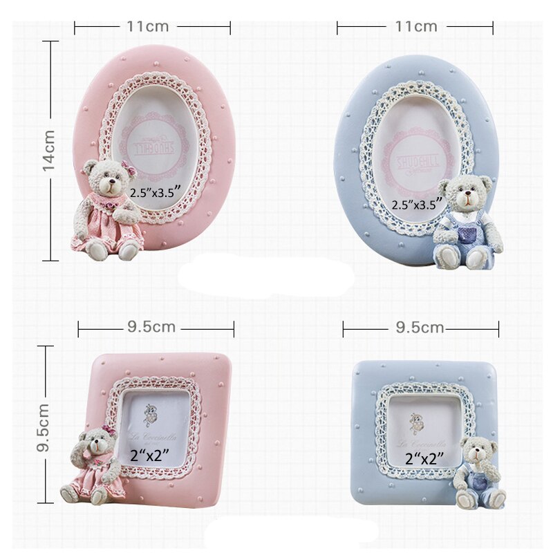 European Cute Teddy Tear With Lace Border Oval Square Shape 2x2 2.5x3.5 Pink Blue Resin Tabletop Baby Picture Photo Frame