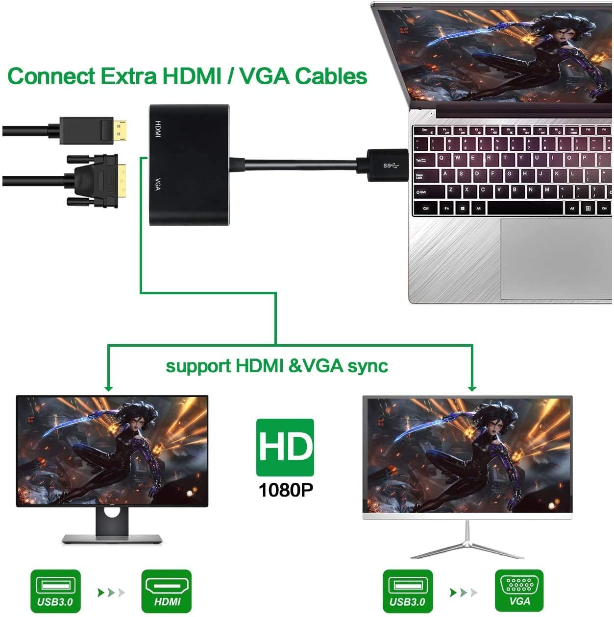 USB 3.0 To Hdmi VGA Adapter Support Max Resolution 1080p for Windows 7/8/8.1/10 Desktop Laptop PC Monitor