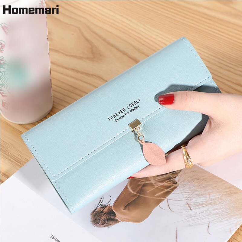 Homemari mulheres couro do plutônio carteiras femininas bolsas longas sacos de dinheiro folha telefone bolso senhoras carteira titular do cartão embreagem mujer 2021: long-blue