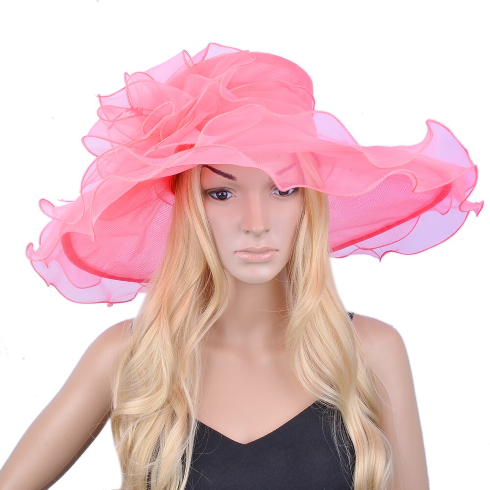 Watermelon pink X Large wide brim Organza Hat Hair Accessory sinamay fascinator for Church wedding,brim width 15.5cm.: WATERMELON PINK