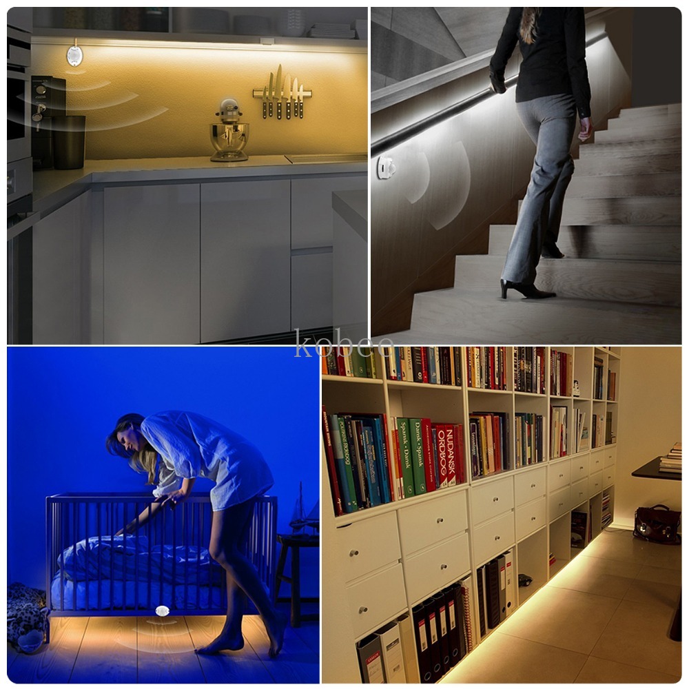 Lámpara LED con Sensor de movimiento para armario, lámpara de cama debajo del gabinete, luz nocturna, tira LED Flexible, cinta de 12V, 110V, 220V, fuente de alimentación de EE. UU. y UE