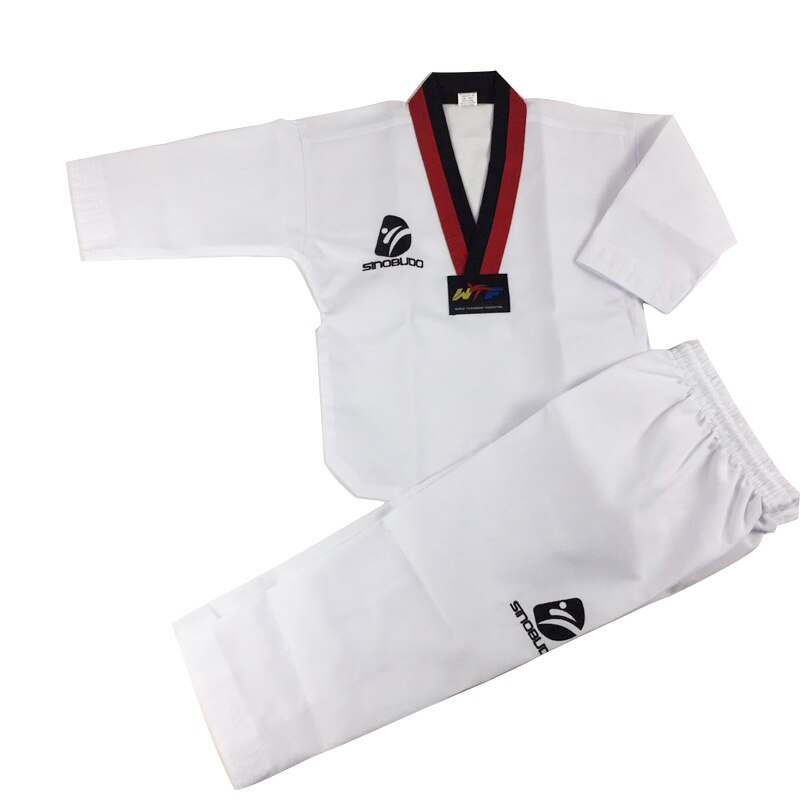Wtf taekwondo basuniform dobok taekwondokläder barn vuxen träningsuniform röd svart v-ringad uniform