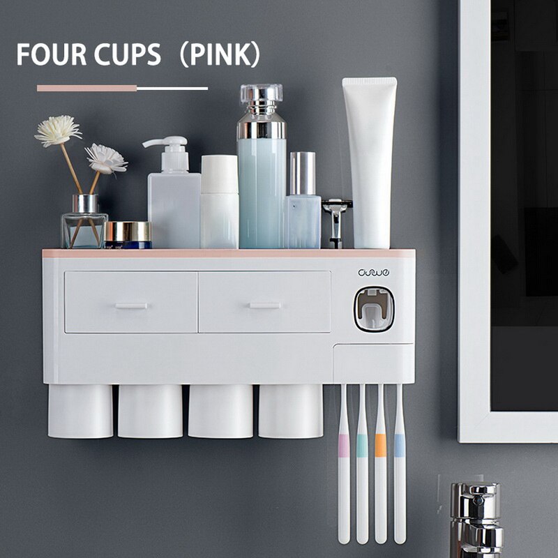 Magnetic Adsorption Inverted Toothbrush Holder Automatic Toothpaste Squeezer Dispenser Storage Rack Bathroom Accessories: 4 Cups Pink