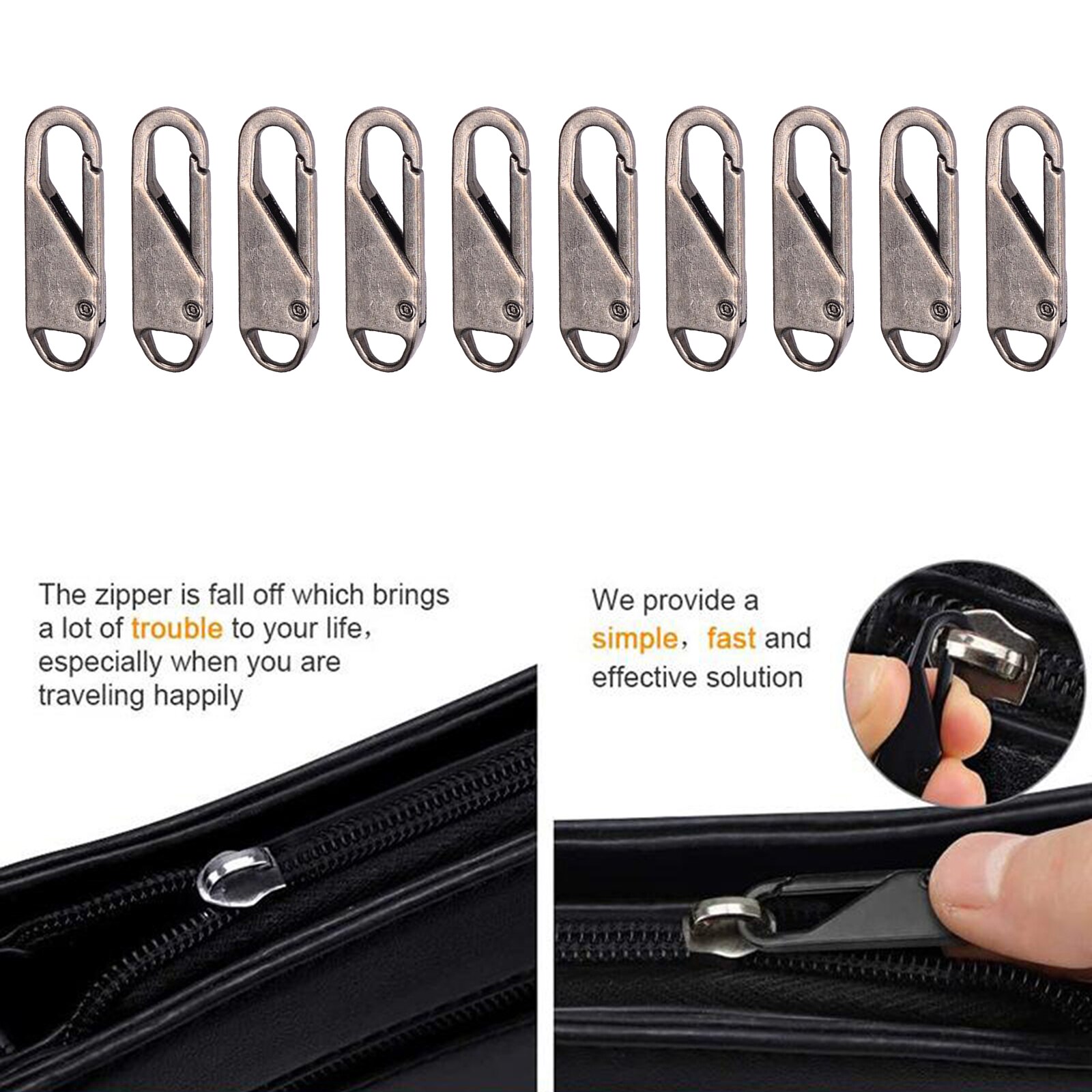 10 Pack Zipper Pull Metal Zipper Repair Tab Extenders Fixer Broken Fastener