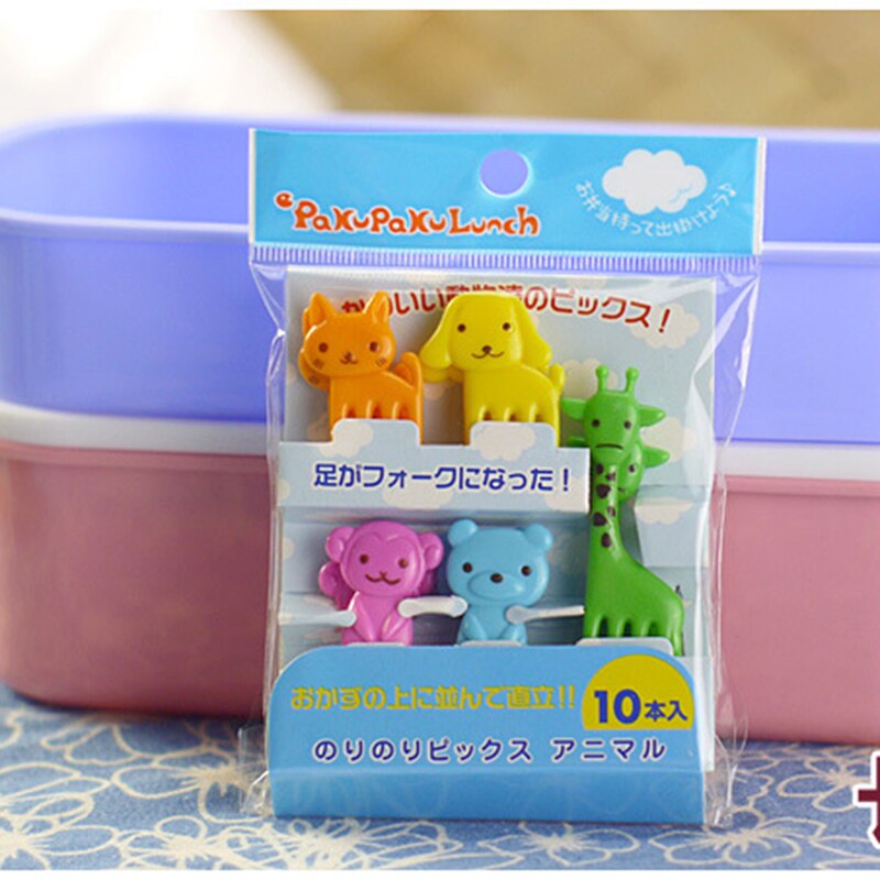 Set van 10 mini-voedselvorkjes met cartoon-groente-fruitvorkjes en prikkers in de vorm van een dierenboerderij voor op een feestje.