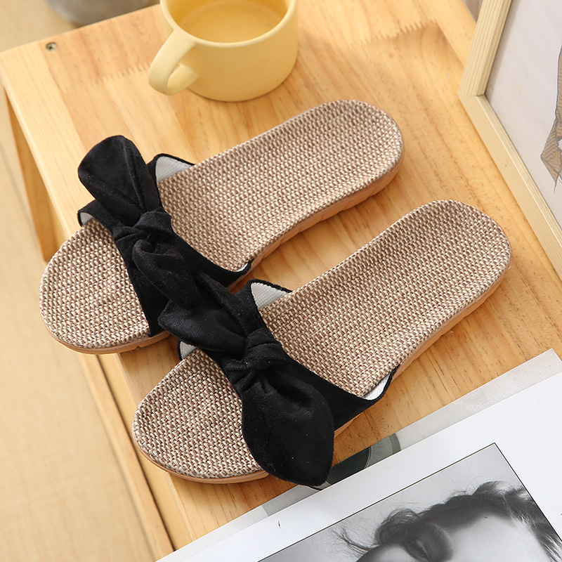 Suihyung kvinder sommerfugleknude hjemmesko blødt linned damer casual slides flade sandaler sommer indendørs sko skridsikre flip flops: Sort / 7